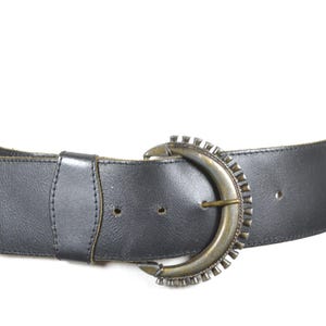 Wide Black Leather Belt, Vintage Oversized Silver Buckle Belt, 90s Grunge Belt, Curved Metal Buckle Belt, Punk Rock Belt, Western Black Belt