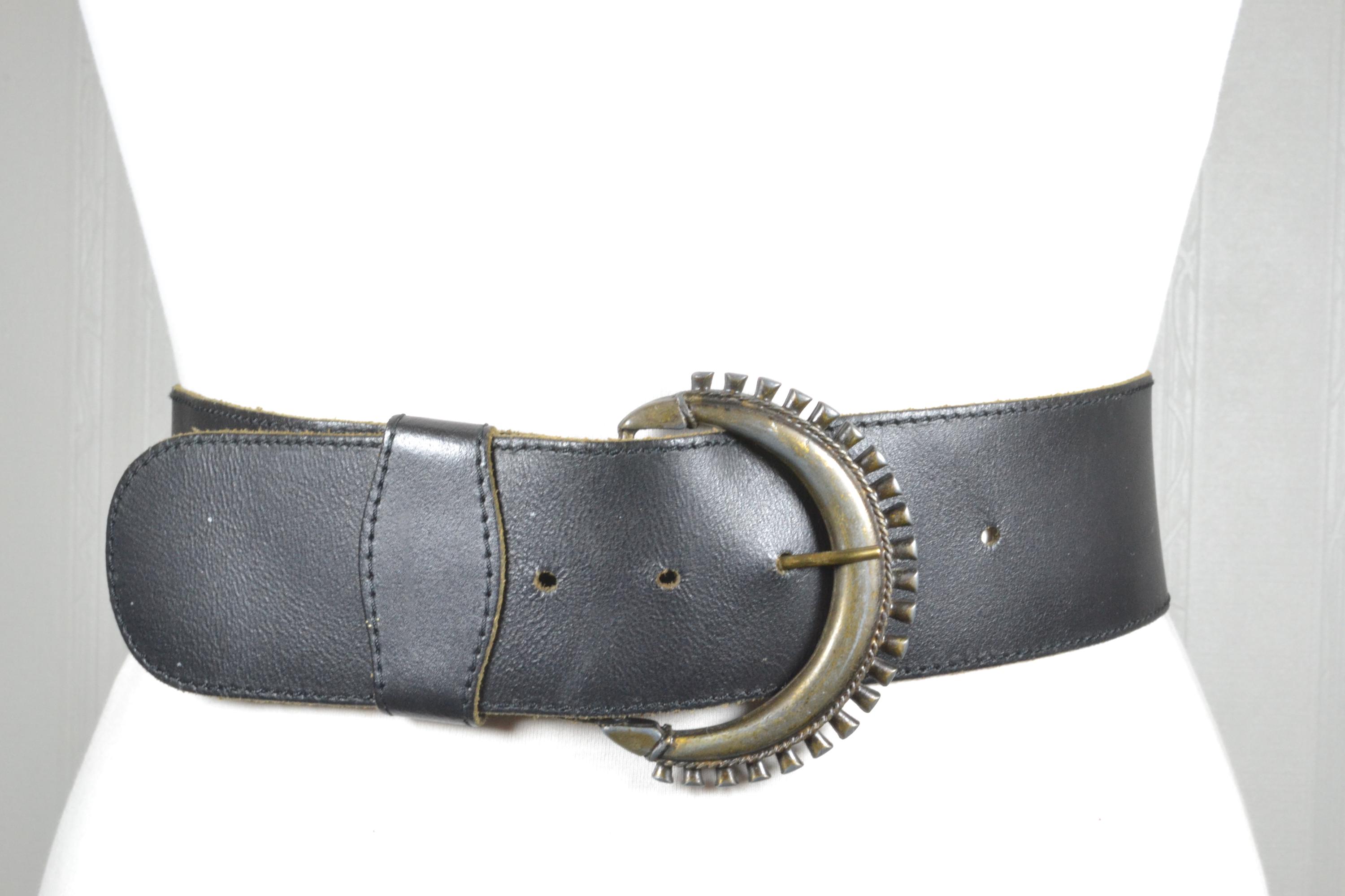 Vintage Wide Black Leather Belt, Oversized Silver Buckle  display picture 3