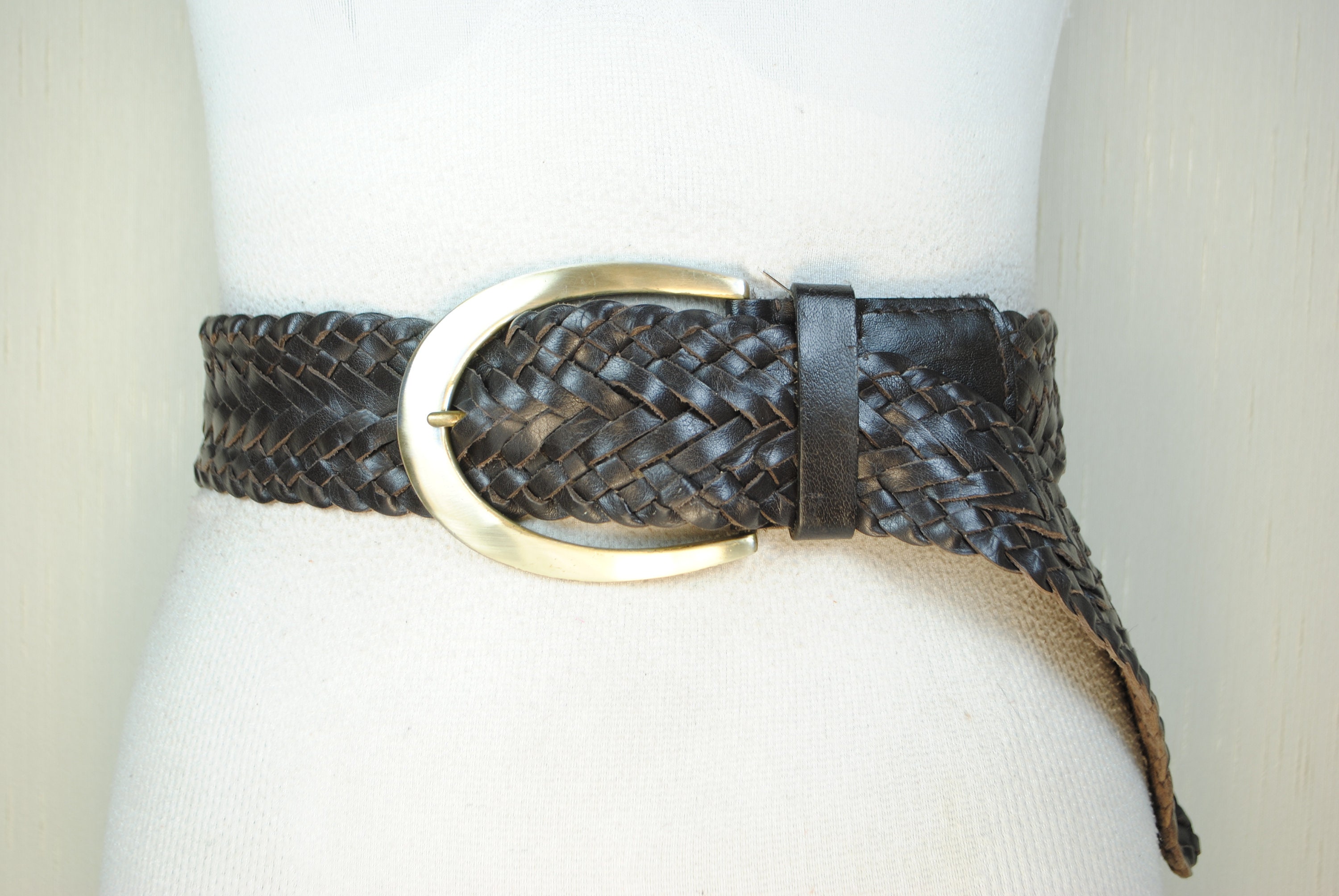 Michael Kors Black Braided Leather Belt Gold Buckle Wide Woven Preppy Chic 47-20 VTG Wide Woven Braided Boho Metallic Hip Belt Chunky Gold  main image 3