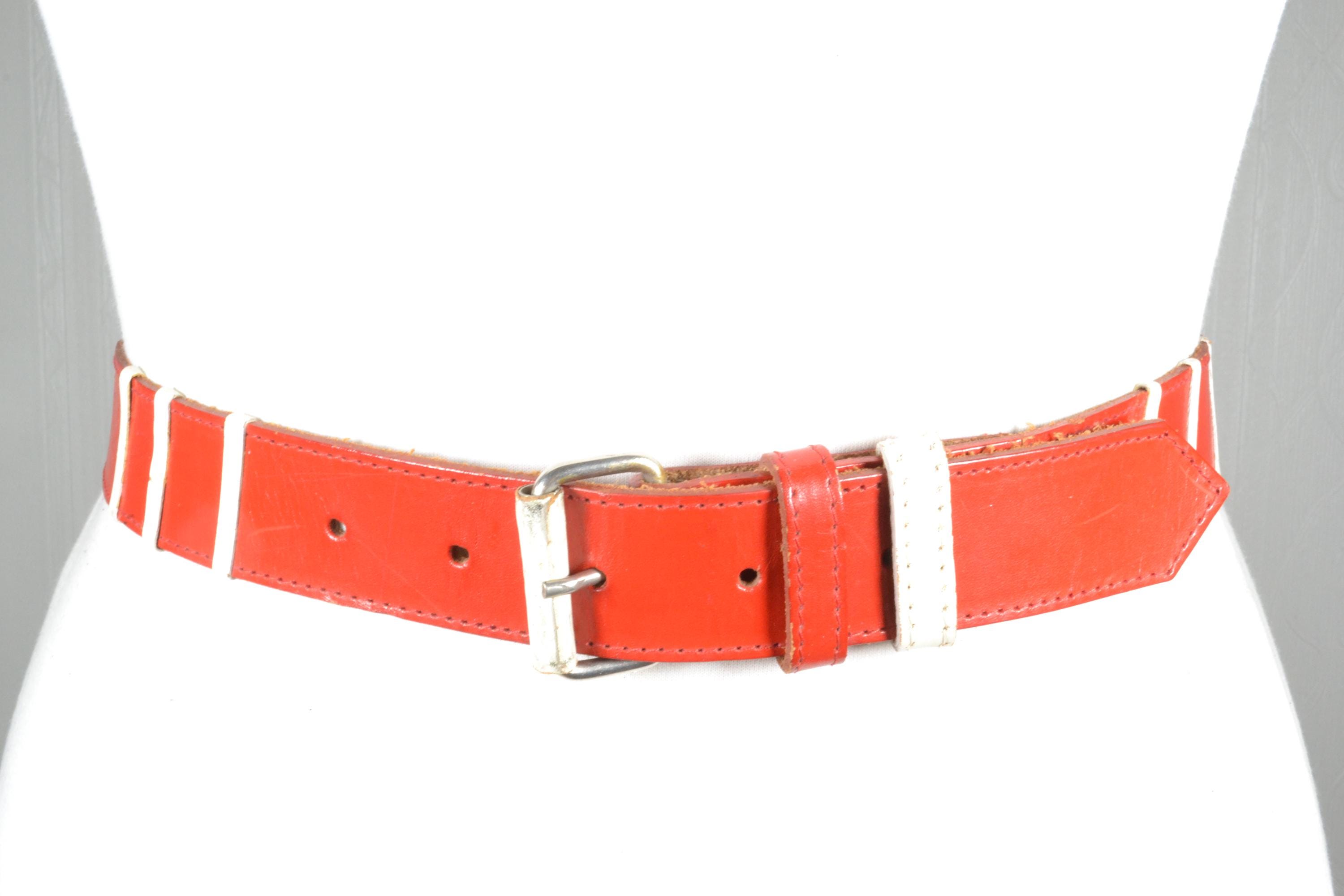 Vintage Red Leather Statement Belt: 80s Retro Stripe Waist 