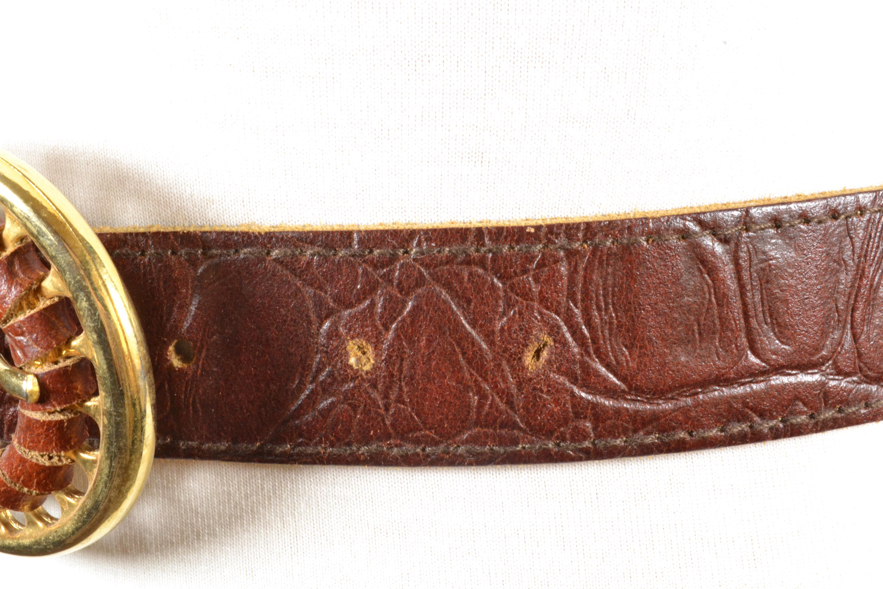 Brown Embossed Leather Belt for Women, Croc Pattern Belt 