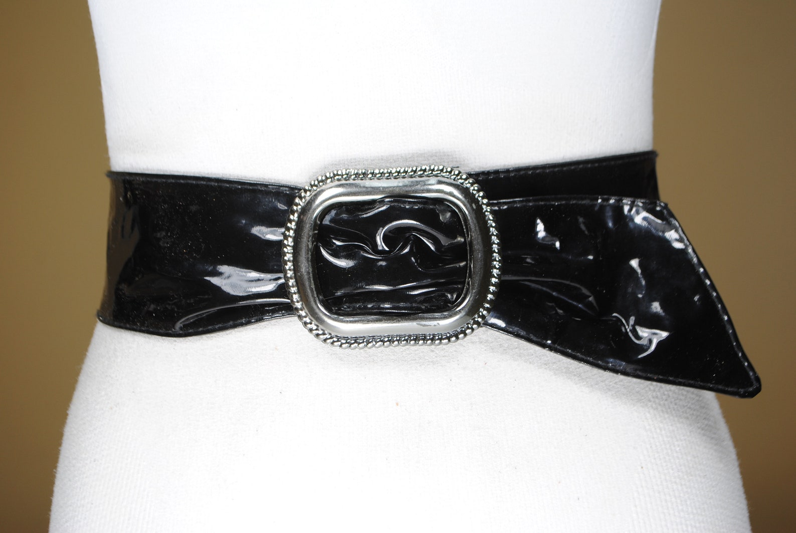 1980s 43 Black patent latex belt women with rectangular | Etsy