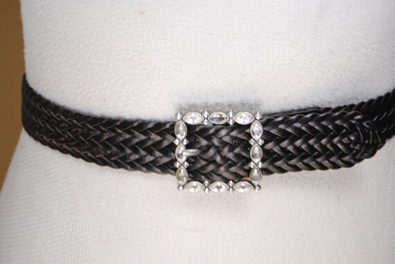Stuart Weitzman Vintage Black Braided Belt With Rhinestone Buckle Bling Size M Stuart Weitzman Vintage Black Braided Belt With Rhinestone  main image 2