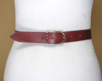 Vintage Maroon Leather Belt: Bronze Buckle, 80s Style