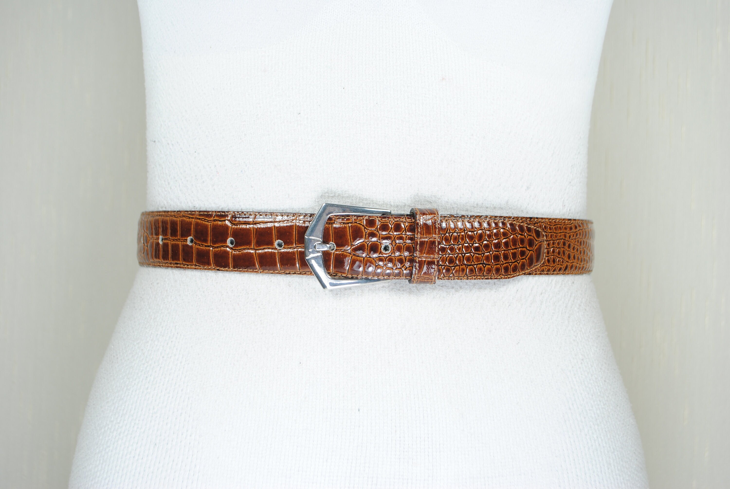 Skinny Brown Reptile Croc Leather Belt for Women - Etsy display picture 1