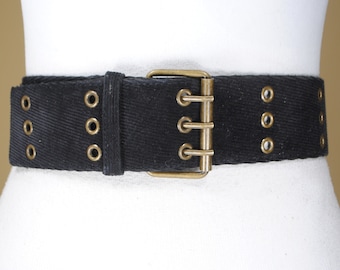 Wide Black Corduroy belt, Brass buckle, Triple prong belt, Riveted corset for women