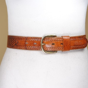 Western Embossed Basketweave Woven Genuine Leather Jean Belt, Tooled Leather Belt, Western Cowgirl Belt, Vintage Rodeo Country Belt