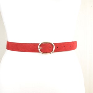 Elegant Thin Red Leather Belt for Women, Slim Scarlet Waist Strap, Adjustable Dress Belt with Gold Buckle, Minimalist Belt for Dresses