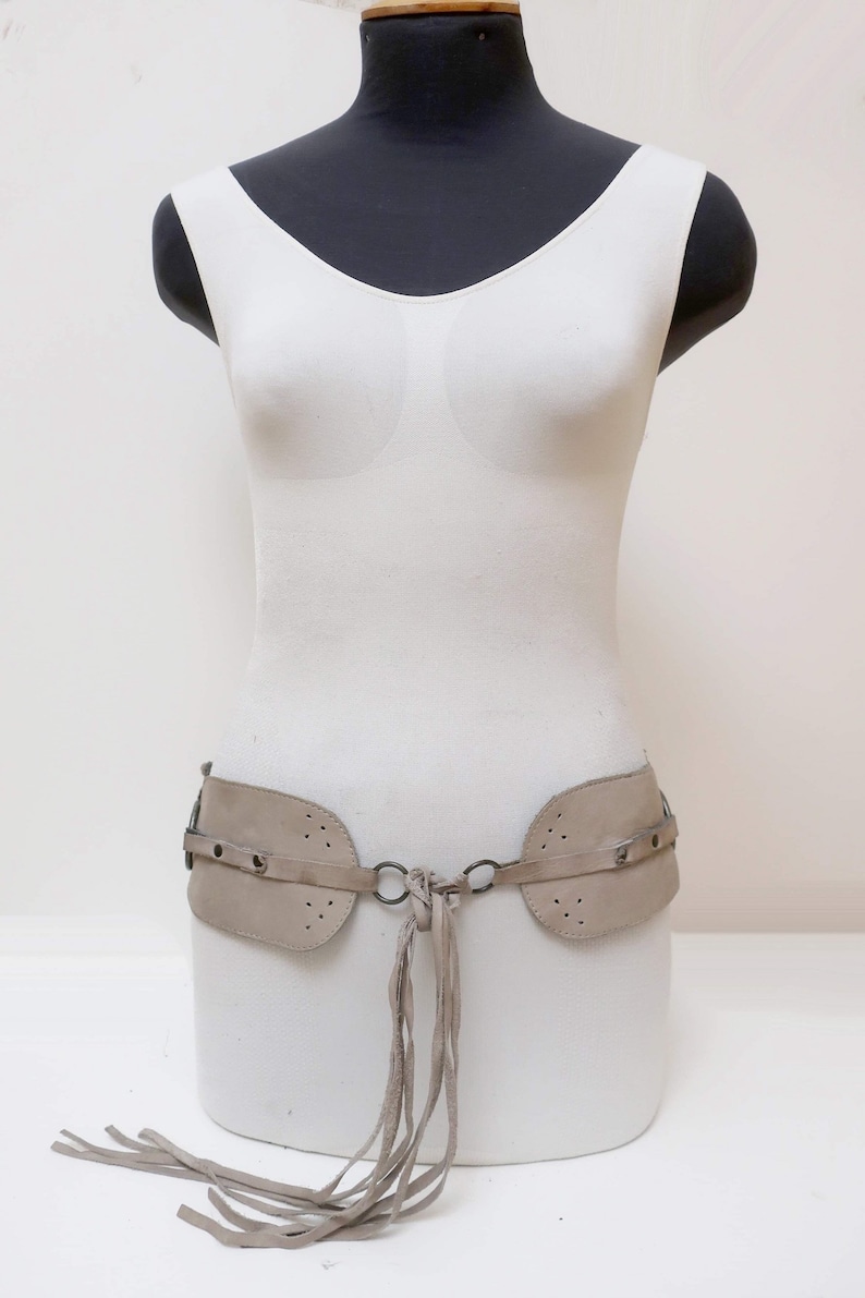 1970s gray suede leather link belt with tie up