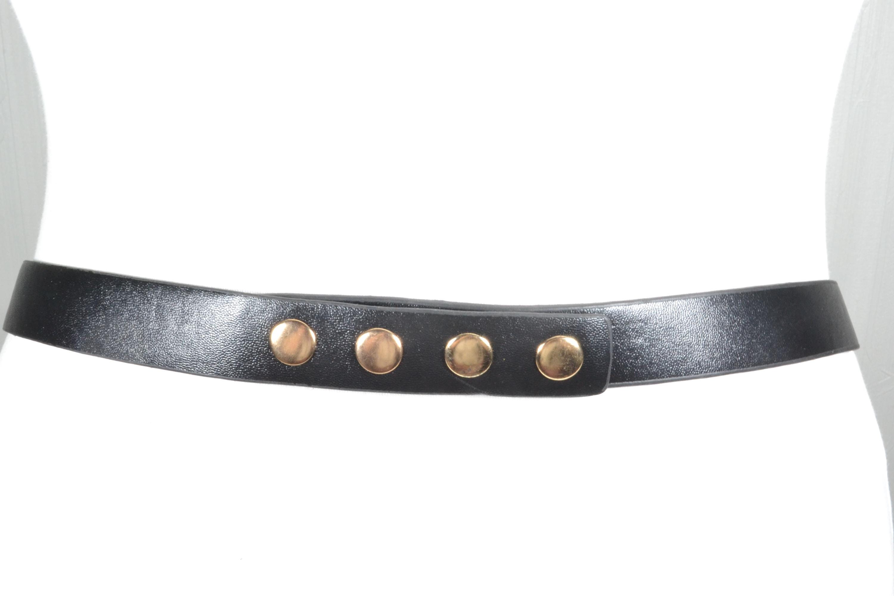 Vintage Black Leather Belt With Gold Chain Link - Elegant 