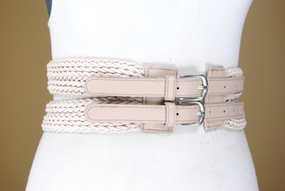 80s  25"-29" Wide Beige Cotton Belt for Women wit… - image 3