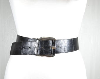 ヴィンテージワイドブラックレザーベルト：クロコダイル型押しウエストベルト