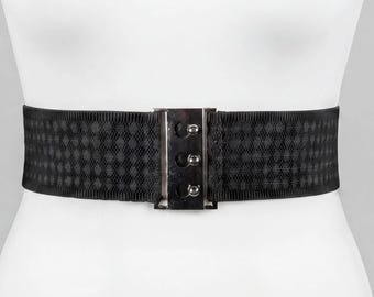Women\'s Wide Elastic Waist Belt  Black Vegan Leather Stretch Interlock Buckle Allegra K Women main image 3