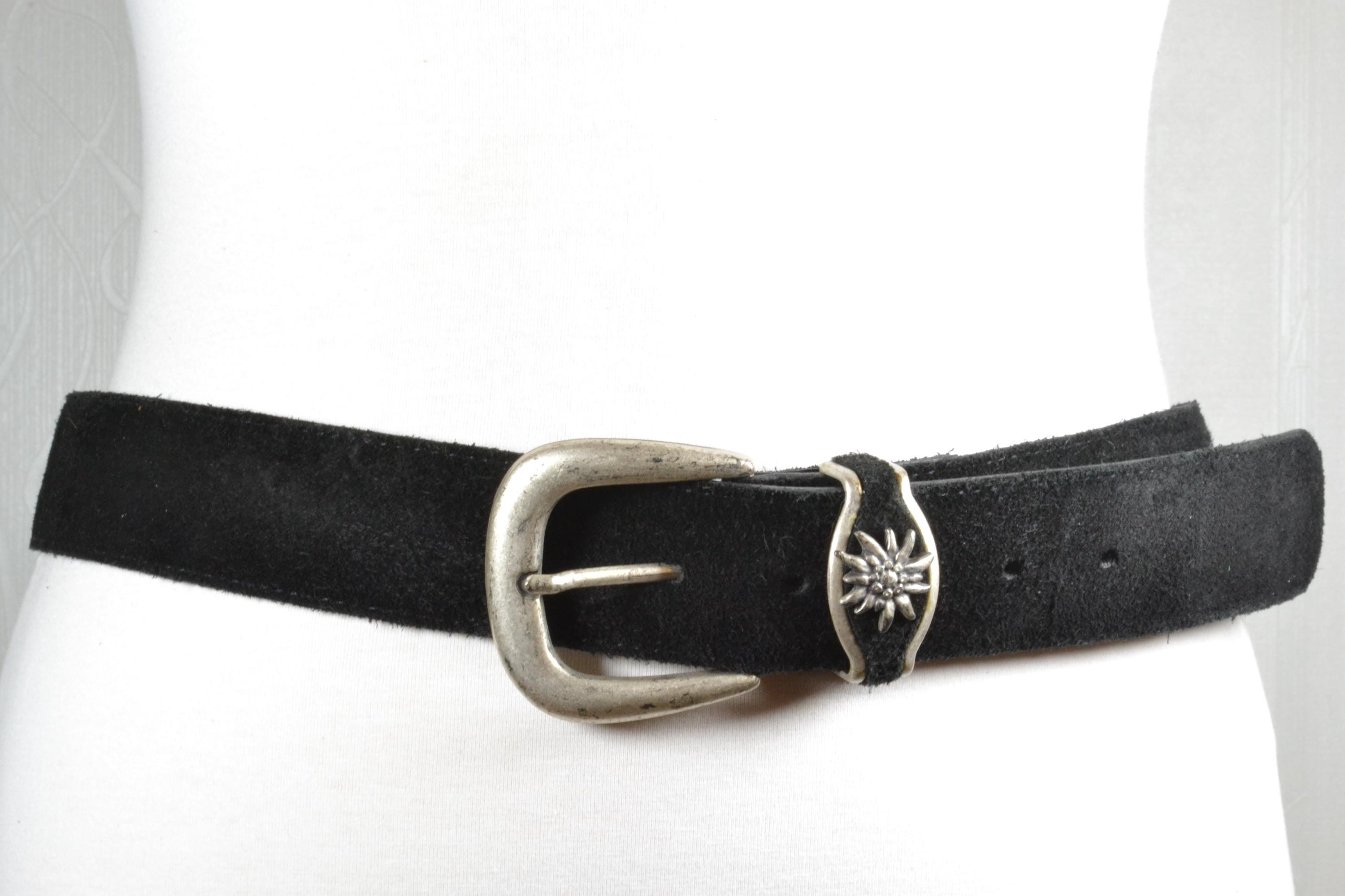 Black Suede Belt with Decorative Antique Silver-Tone Filigree Buckle Vintage Black Suede Belt: Silver Buckle Flower Accent, Retro  main image 3