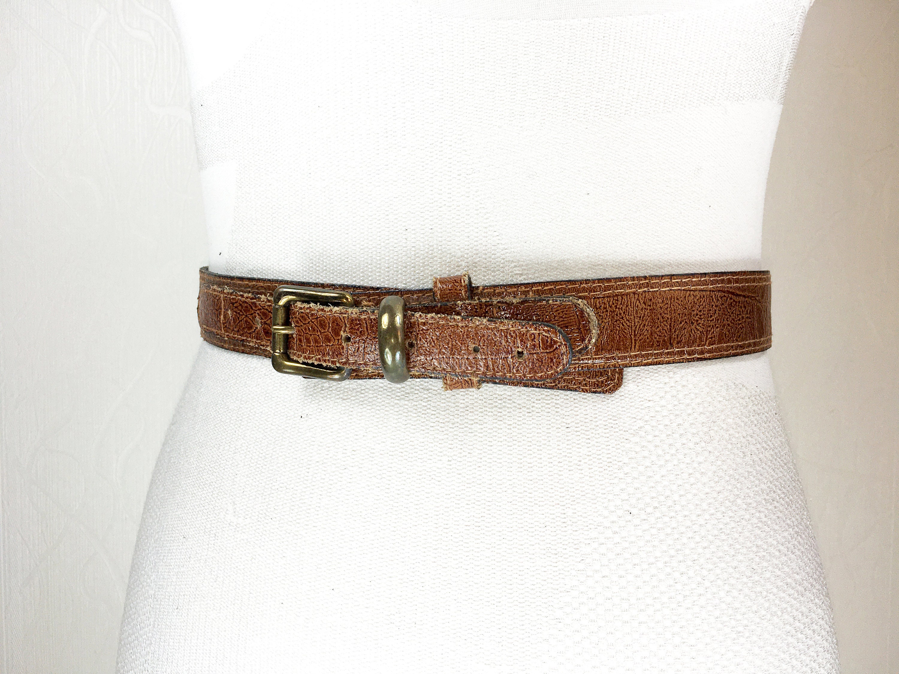 1960s brown distressed embossed leather belt with brass buckle Etsy