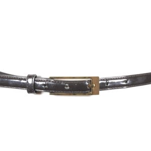 Skinny Black Patent Leather Belt for Women, Glossy Vintage Waist Belt with Bold Gold Buckle, Elegant Dress Belt, Retro, Office, Boho Belt
