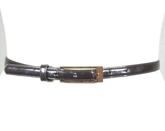 Vintage Skinny Black Patent Leather Belt, Gold Buckle, Boho Office Style