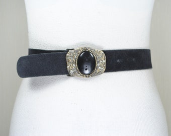 Black suede belt with carved buckle, brass rhinestone buckle, black diamond buckle