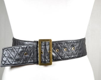 Vintage Wide Black Leather Belt: Art Deco Silver Buckle - Etsy display picture 1
