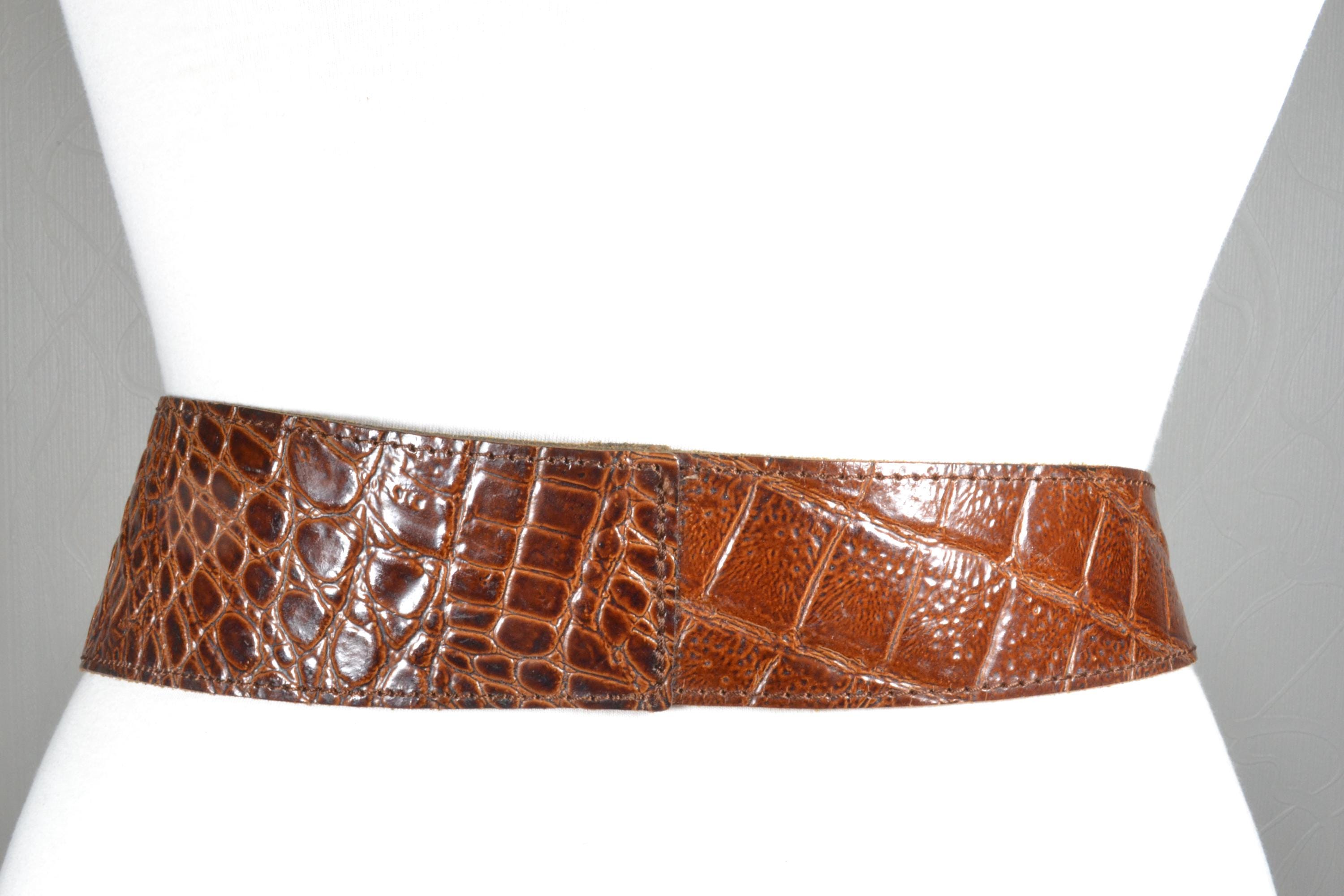 Vintage Wide Brown Croc Embossed Leather Belt With Gold  display picture 2