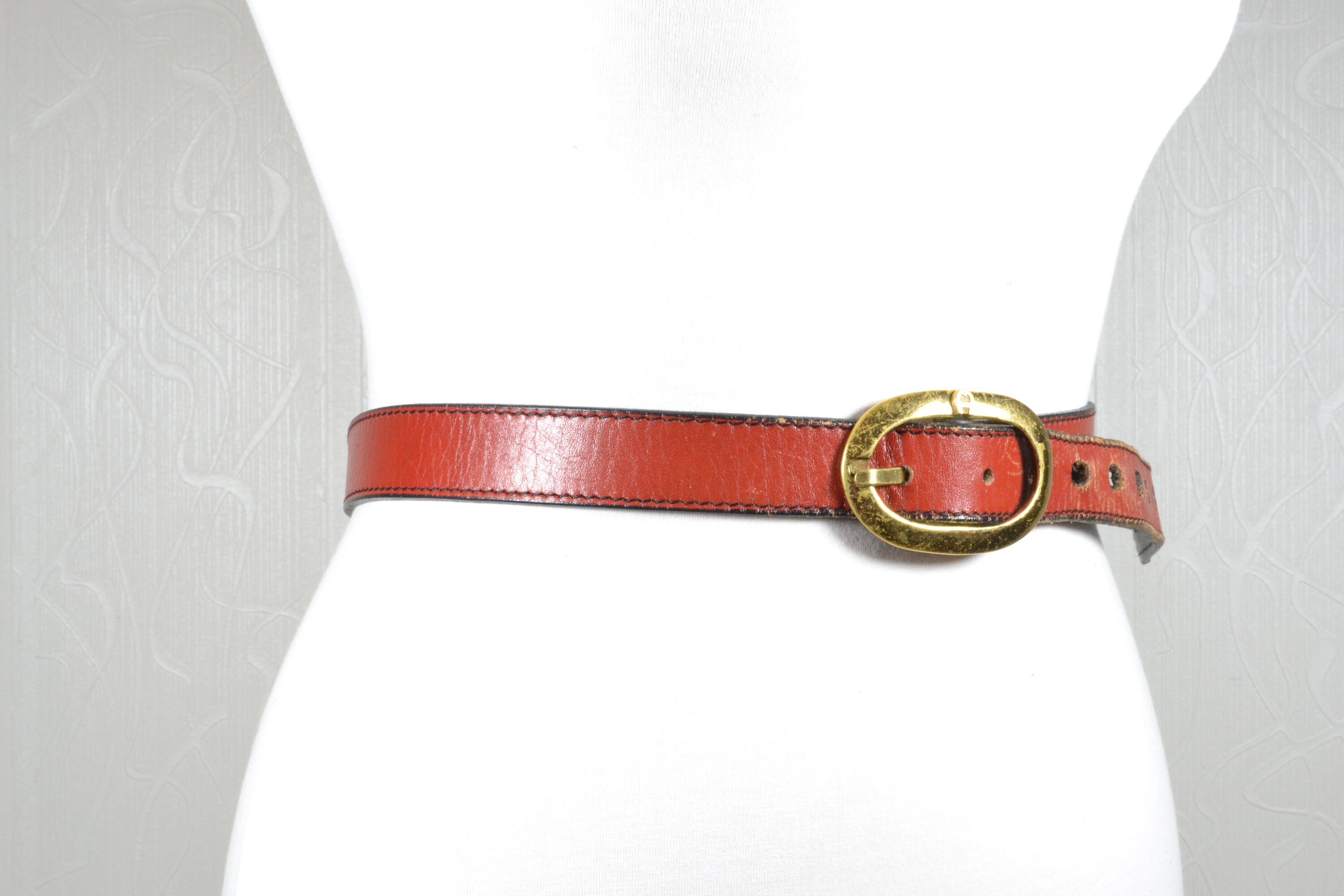 Vintage Etienne Aigner Red Leather Belt With Brass Buckle - Etsy display picture 1