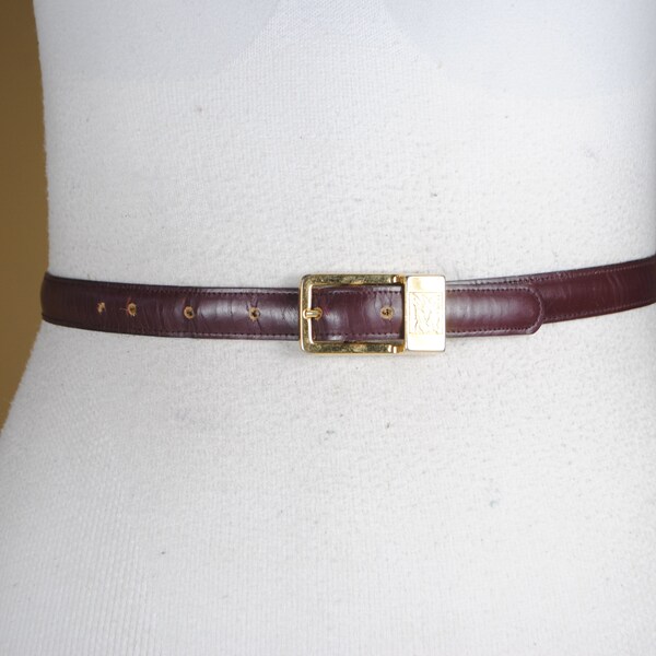 Vintage Anne Klein burgundy leather belt with gold buckle, skinny maroon belt