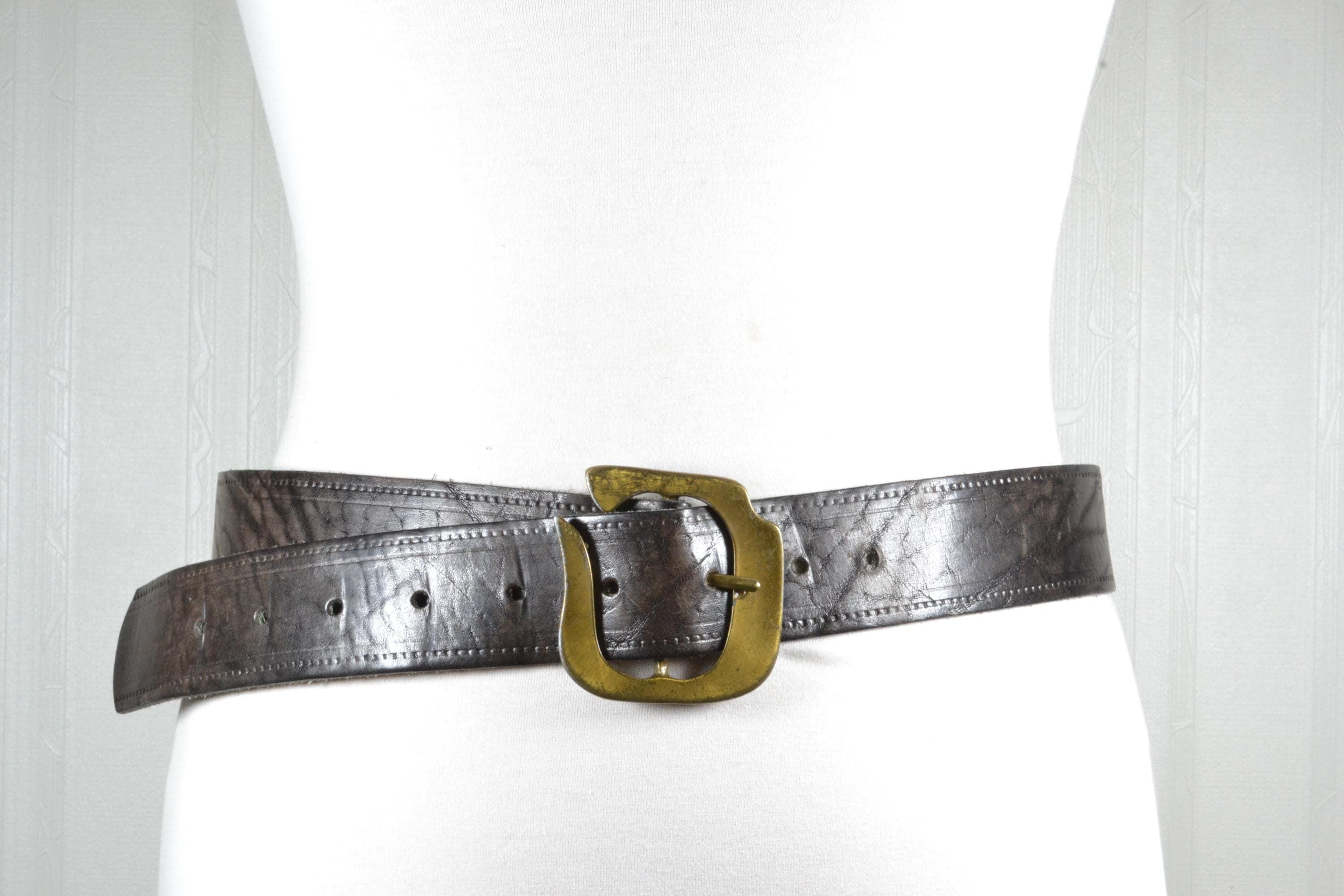 Vintage Dark Brown Leather Belt: Embossed Western Brass  display picture 2