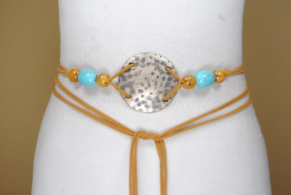 Torquoise and Mother of Pearl Beaded Tie Belt/ Strap VTG Woven Rope, Beaded & Turquoise Mother of Pearl & Coral  main image 4