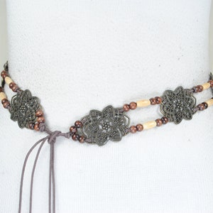 Bohemian Beaded Belt with Floral Metal Accents and Adjustable Tie Closure, Unique Handmade Waist Accessory