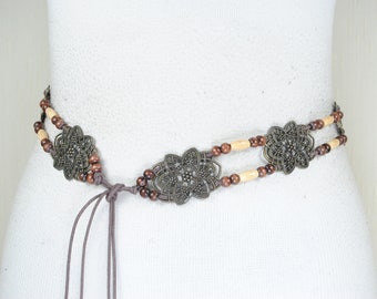 Bohemian Beaded Belt with Floral Metal Accents and Adjustable Tie Closure, Unique Handmade Waist Accessory