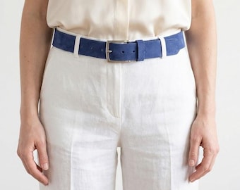 Vintage Blue Suede Wide Leather Belt with Steel Buckle