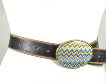Vintage Martine Wester Black Leather Belt, Oval Navajo Style  display picture 1