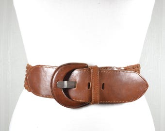Vintage Brown Braided Leather Belt: Wide Bohemian Style
