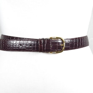 Burgundy Crocodile Embossed Leather Belt with Gold Buckle