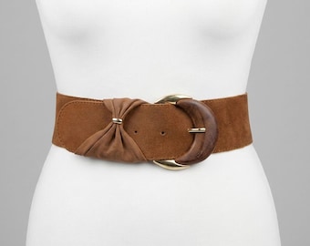 Cinturón ancho de piel marrón tostado para mujer, hebilla dorada, elegante cinturón bohemio.