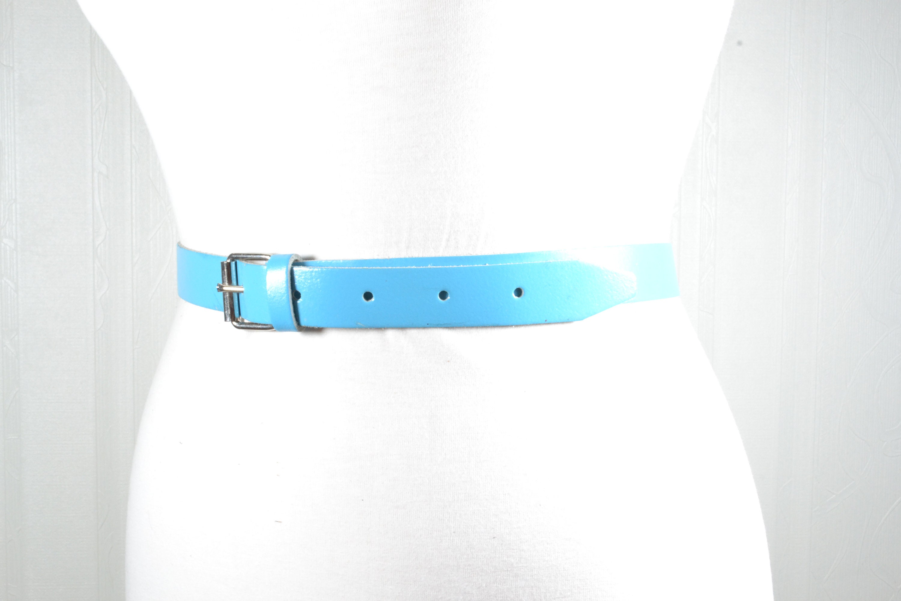 Vintage Light Blue Leather Belt With Classic Silver Buckle 