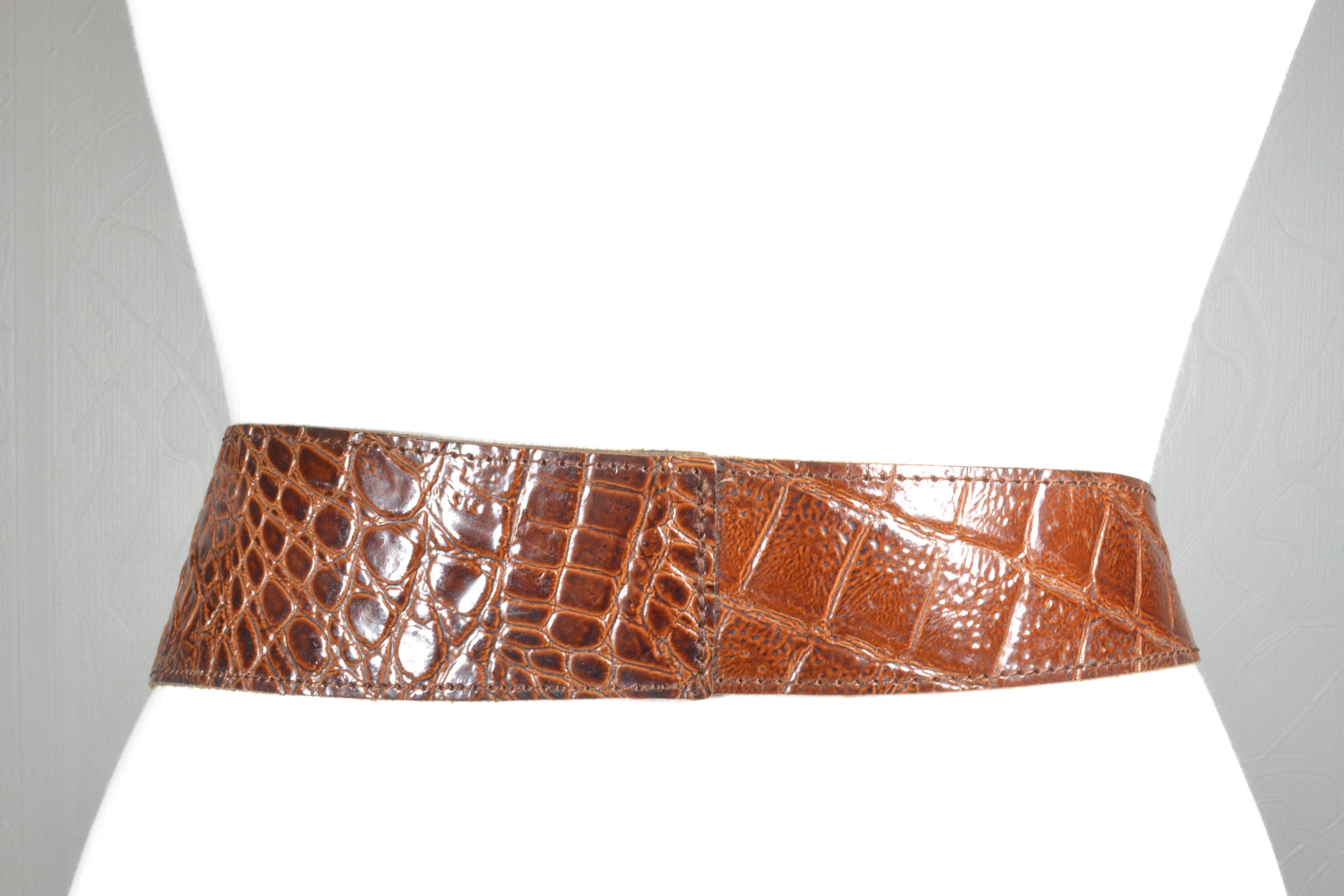 Vintage Wide Brown Croc Embossed Leather Belt With Gold 