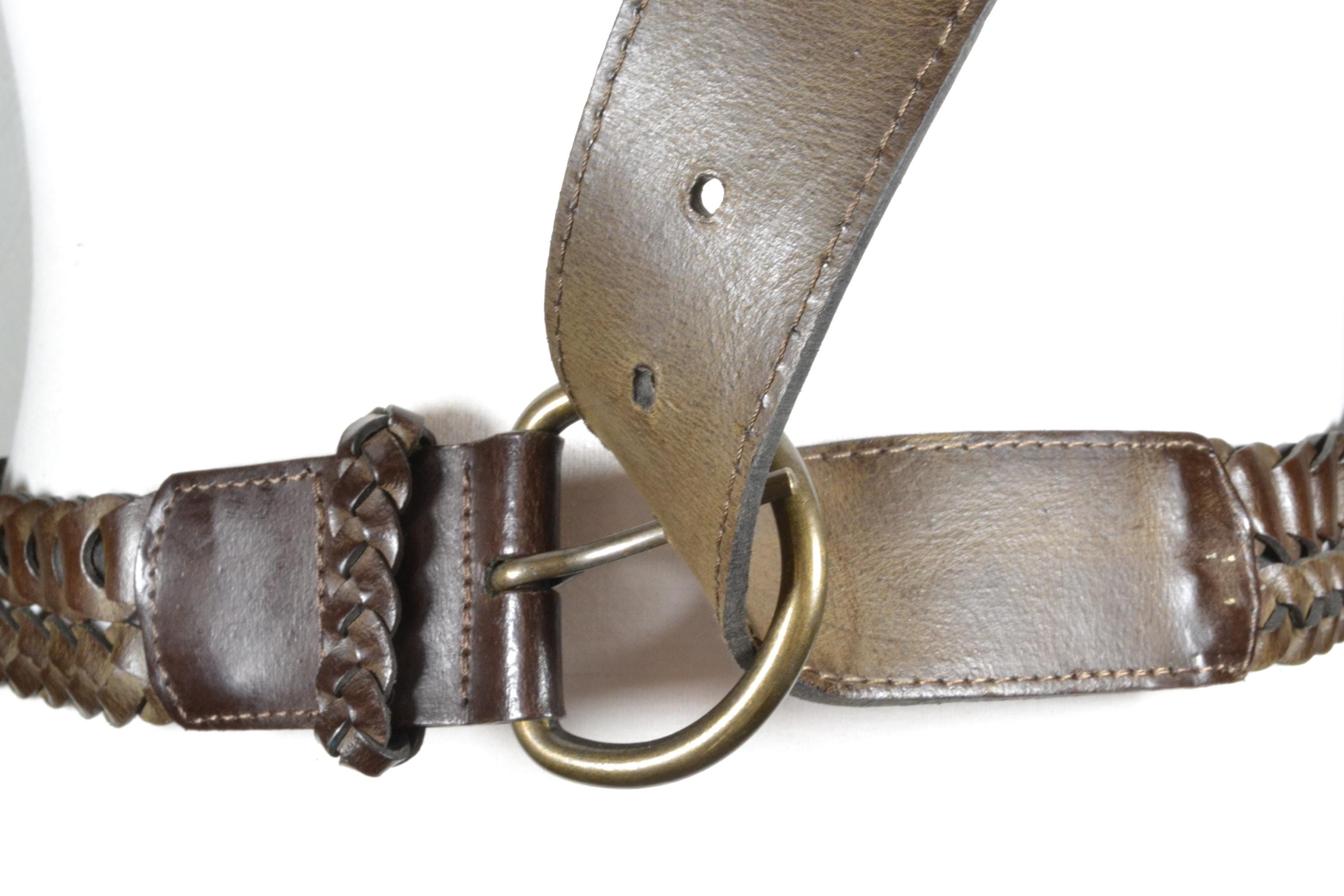 Leather Woven Belt Wide Women 40” Braided Double Buckle Brown Boho Cowgirl 80s Women main image 2