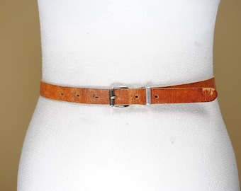 Skinny Tan Distressed Leather Belt for Women