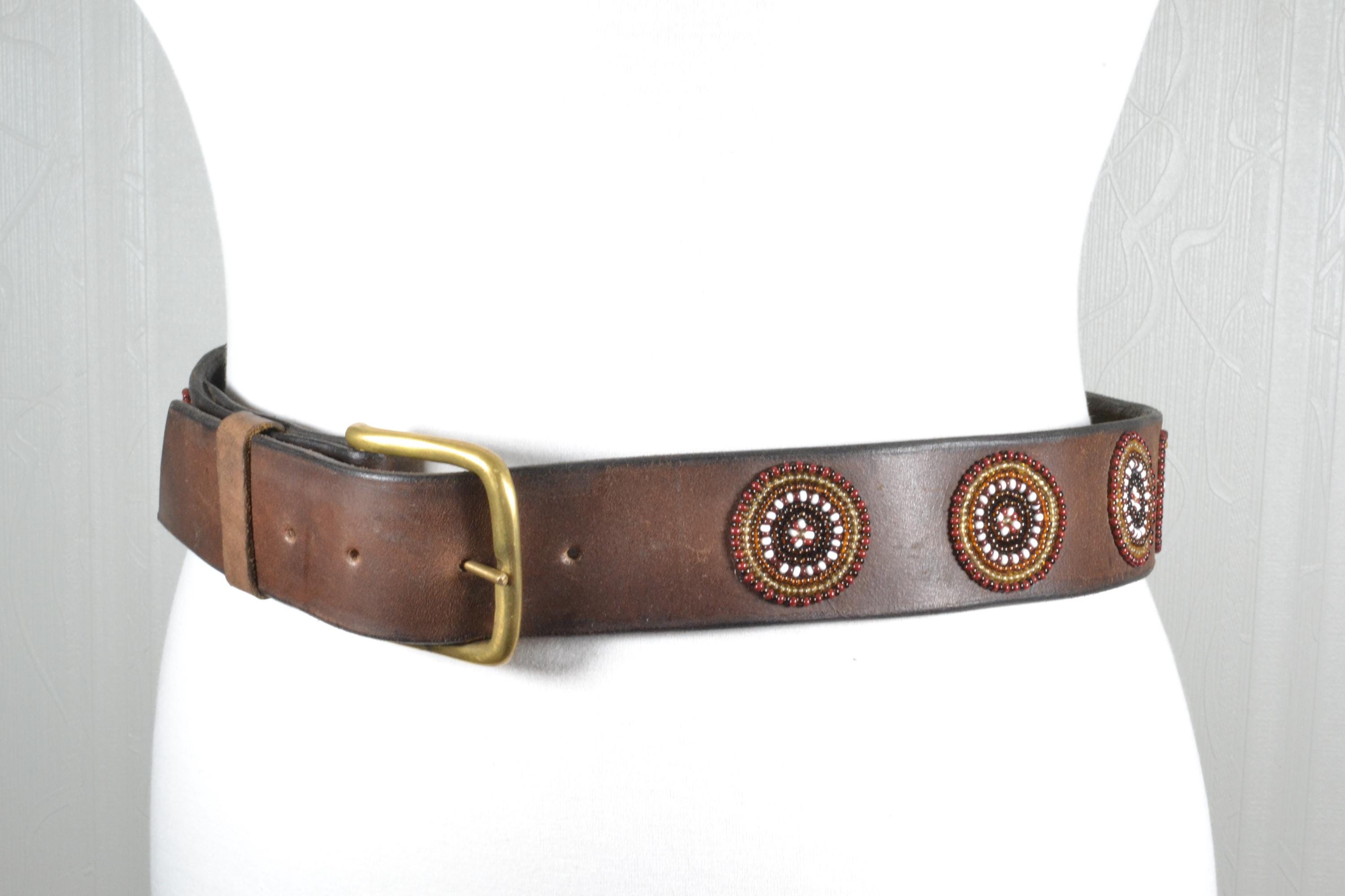 Vintage Brown Leather Belt With Brass Buckle and Beaded 