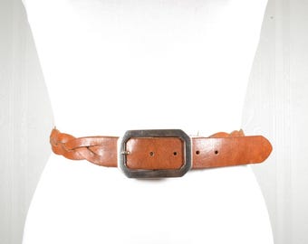Vintage Brown Leather Belt: Woven Detail, Silver Buckle