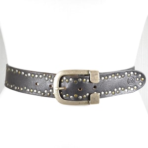 Black Studded Leather Belt for Women with Antique Buckle, Wide Western Waist Belt, Vintage Punk Rock Black Belt