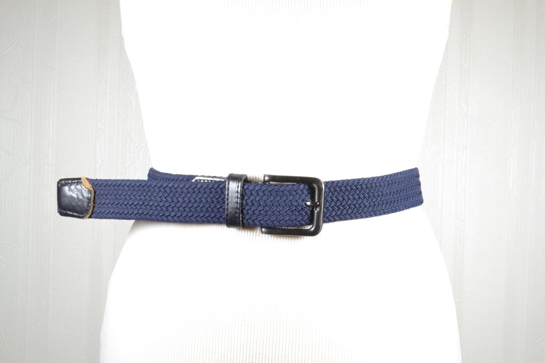 Genuine Leather Braided Belt - navy blue, vintage, M/L Vintage Navy Blue Leather Belt: Braided Back, Silver Buckle  main image 3