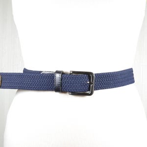 Vintage Navy Blue Braided Belt with Leather Accents, Adjustable Unisex Woven Belt