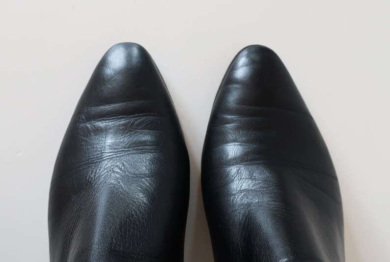1970s black leather ankle heel boots for women with buckle size US 8 EU 38