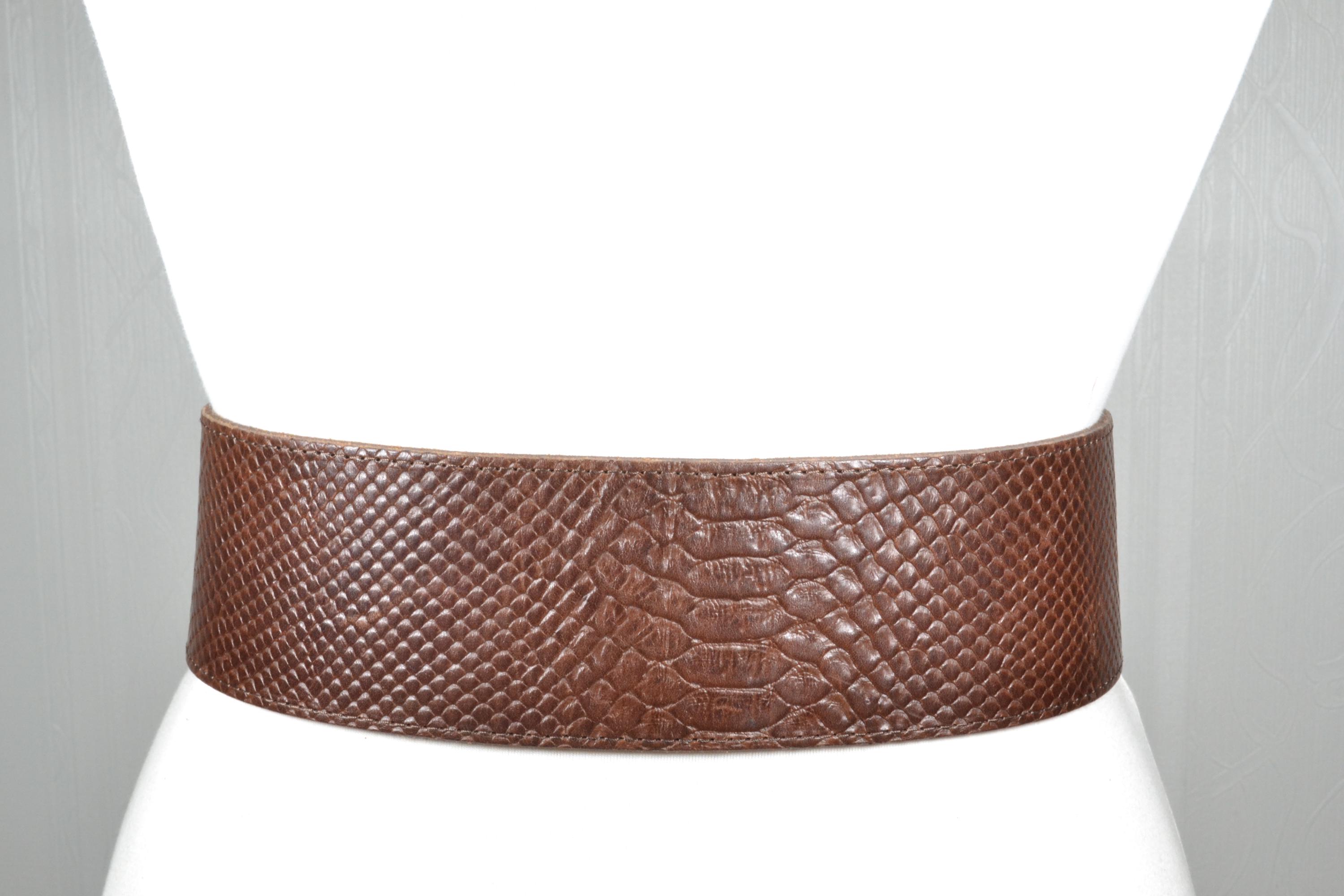 Wide Cognac Croc-Embossed Waist Belt with Round Metal Ring Wide Georgia Belt in Brown Croc main image 2