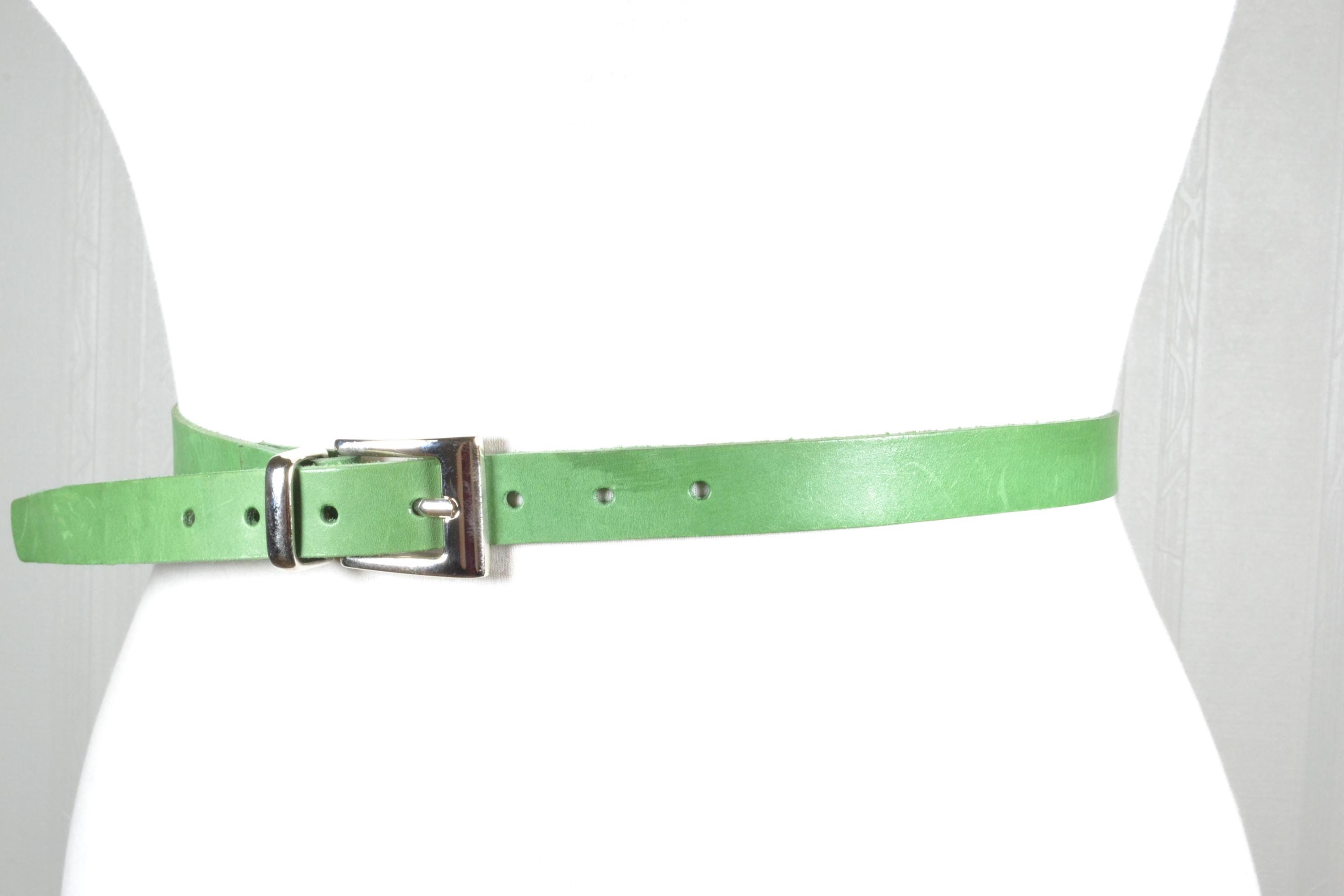 Vintage 90\'s Y2K Green Leather Dress Belt Sz 95 / 38 Industries Du Cuir France Handmade Green Leather Belt, Skinny 20mm Belt With Silver  main image 4