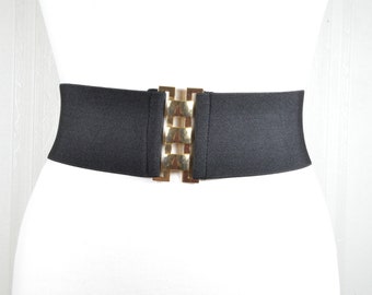 Black Elastic Stretch Waist Belt with Gold Floral Hardware Black Elastic Waist Belt: Gold Floral Buckle, Wide Cinch (26  main image 4