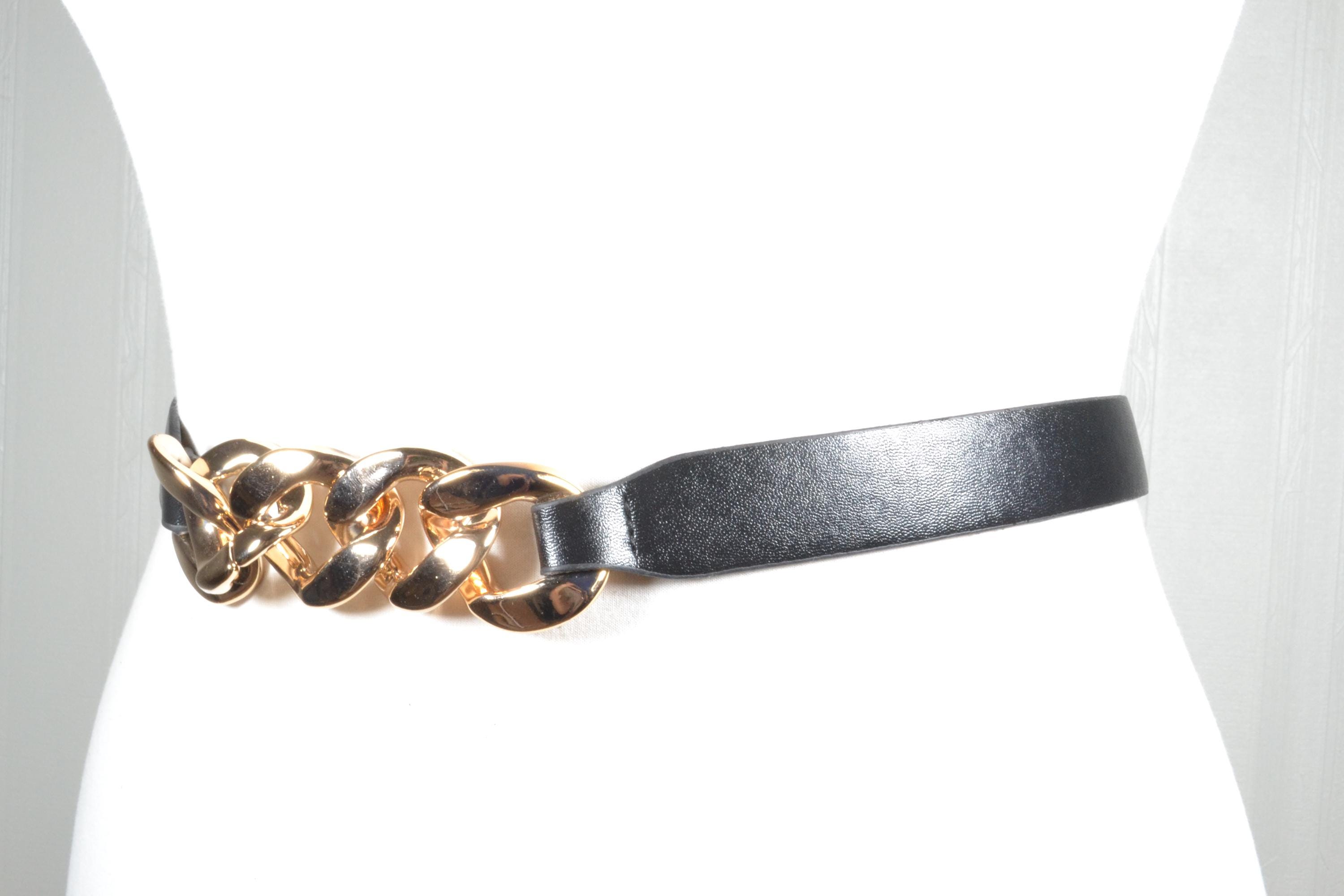 Vintage Black Leather Belt With Gold Chain Link - Elegant 