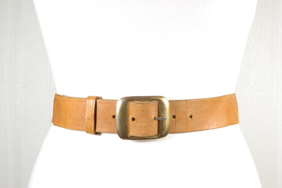 Vintage Tan Leather Belt: Brass Buckle, Boho Hippie Style - Etsy display picture 3